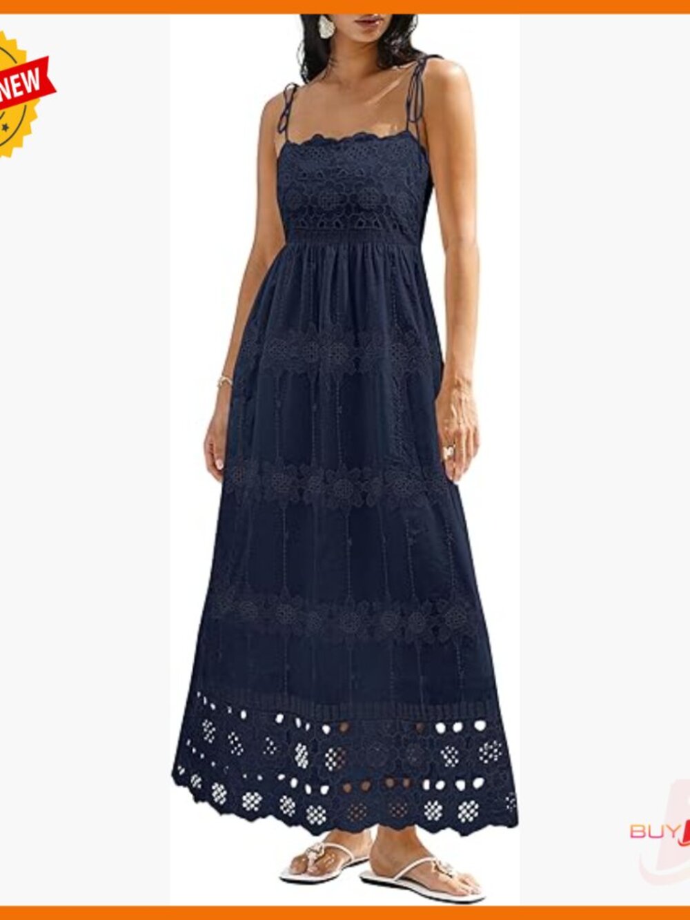 Summer Maxi Dress Spaghetti Strap Smocked Back Eyelet Cotton Pockets